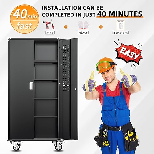 Vista 133 de INTERGREAT Armario de almacenamiento de metal, armarios de acero con cerradura de 72 pulgadas de alto con puertas de bloqueo, armario de Gris blanco