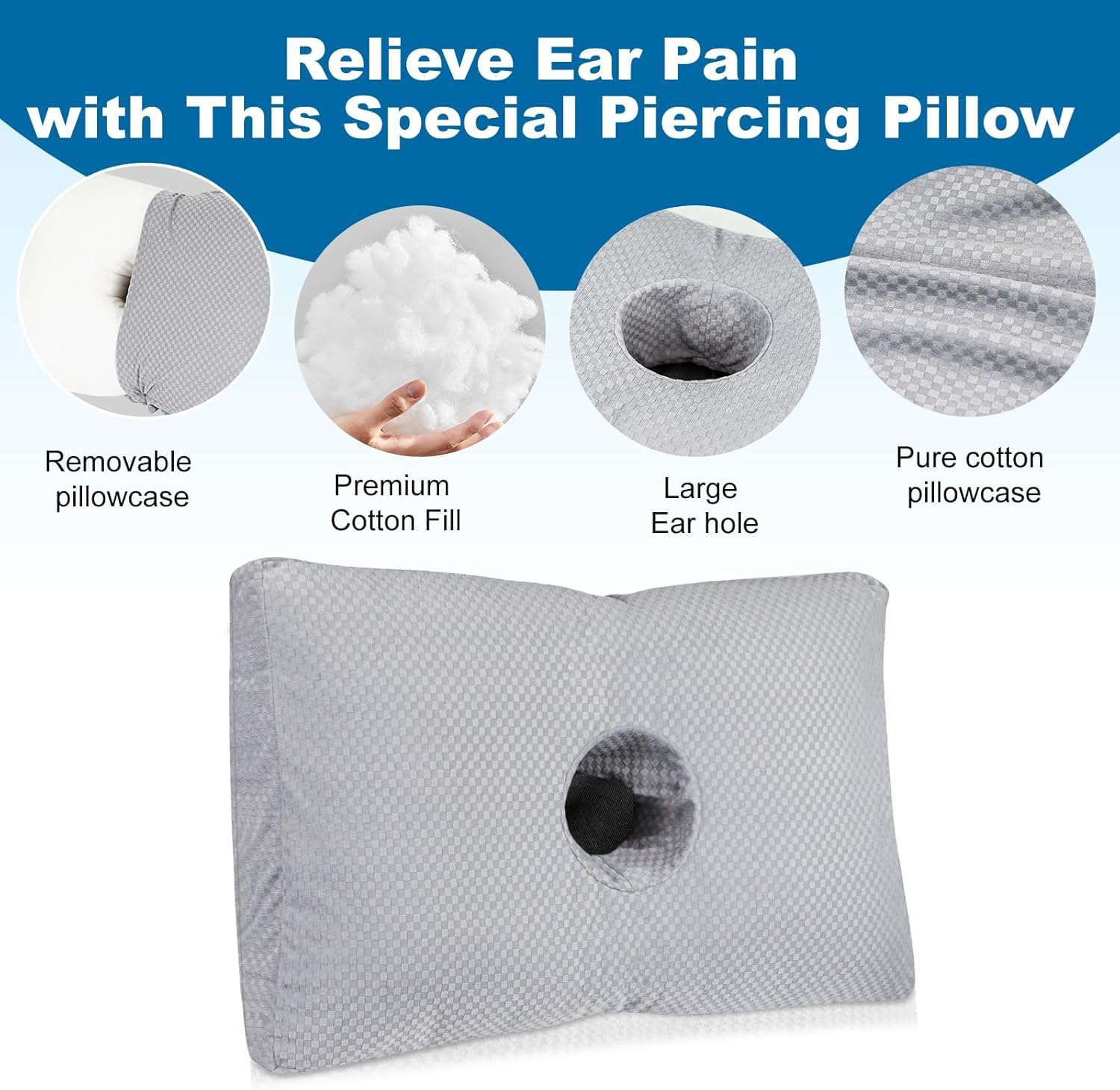 RQUXMT Piercing Pillow for Side Sleepers with an Ear Hole, Donut Pillow for Ear Comfort CNH | Comfortable Sleep Support | Pressure Reduction |Adjustable Ear Cushion(20 x 13 x 4.5 inches - Gray)