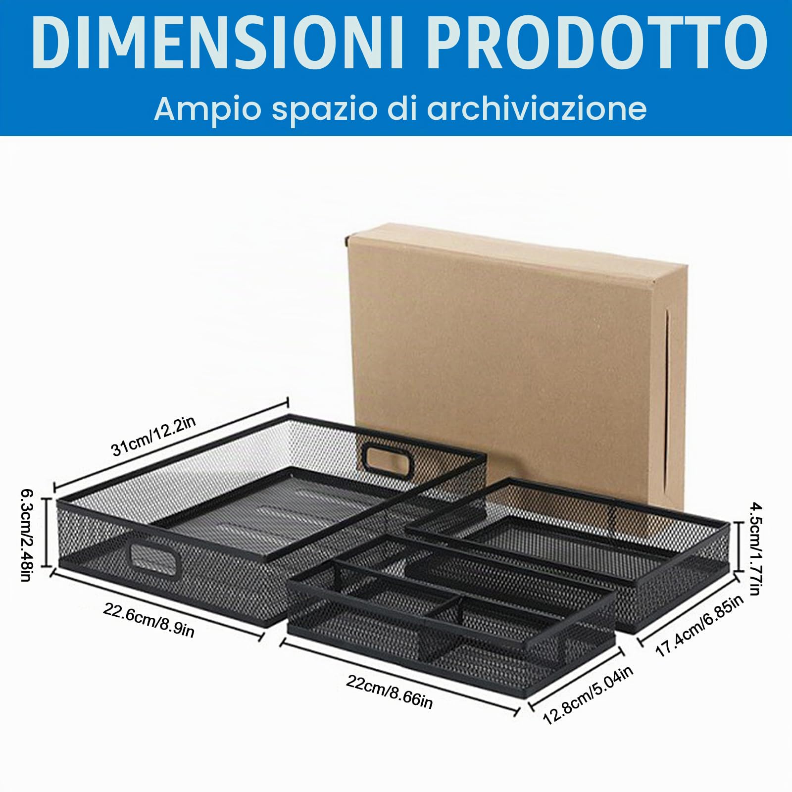 Set di 3 vassoi in metallo per cassetti da scrivania, organizer per penne, organizer in rete, nero, altezza dello schermo in metallo, 31,3 x 21,2 x 4,3 cm