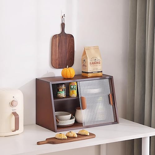Miniatura 4 de Tiita Armario pequeño de despensa de cocina, aparador de bambú con puertas de vidrio, armario de despensa de alimentos para cocina, sala de estar y
