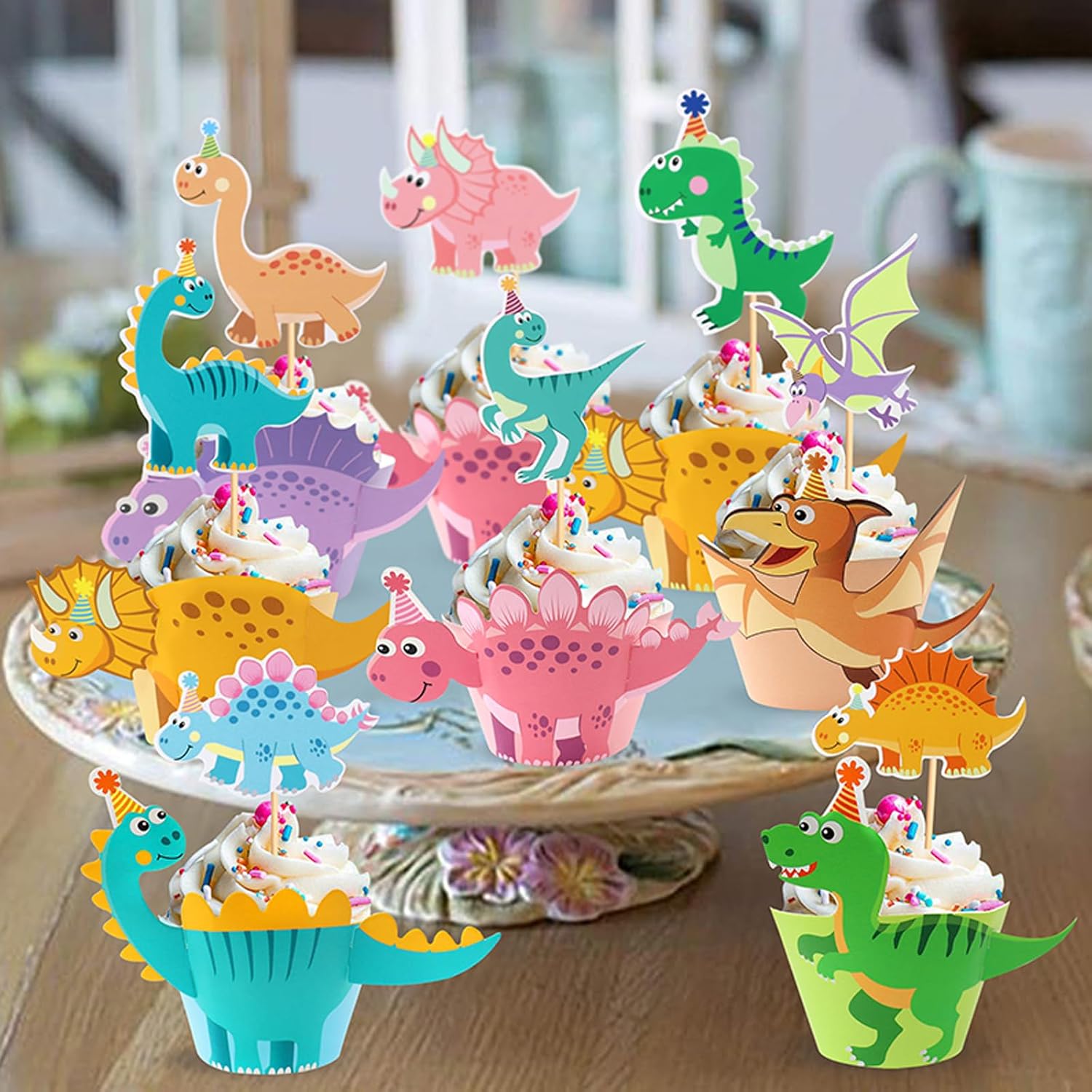 32Pcs Dinosaur Cupcake Toppers Dino Cupcake Picks Cupcake Decorations for Baby Shower Kids Boys Birthday Party Decor Supplies