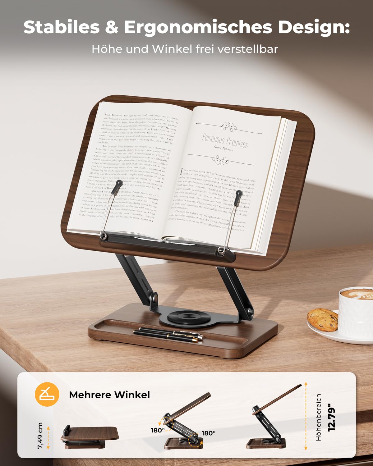 SupeDesk Buchständer zum Lesen, Buchhalter mit 360° drehbarer hölzerner Basis & Stiftschlitz, verstellbarer Holz-Buchhalter Leseständer mit elastischem Kugel-Seitenclip für Zeitschrift,Tablet,Laptop