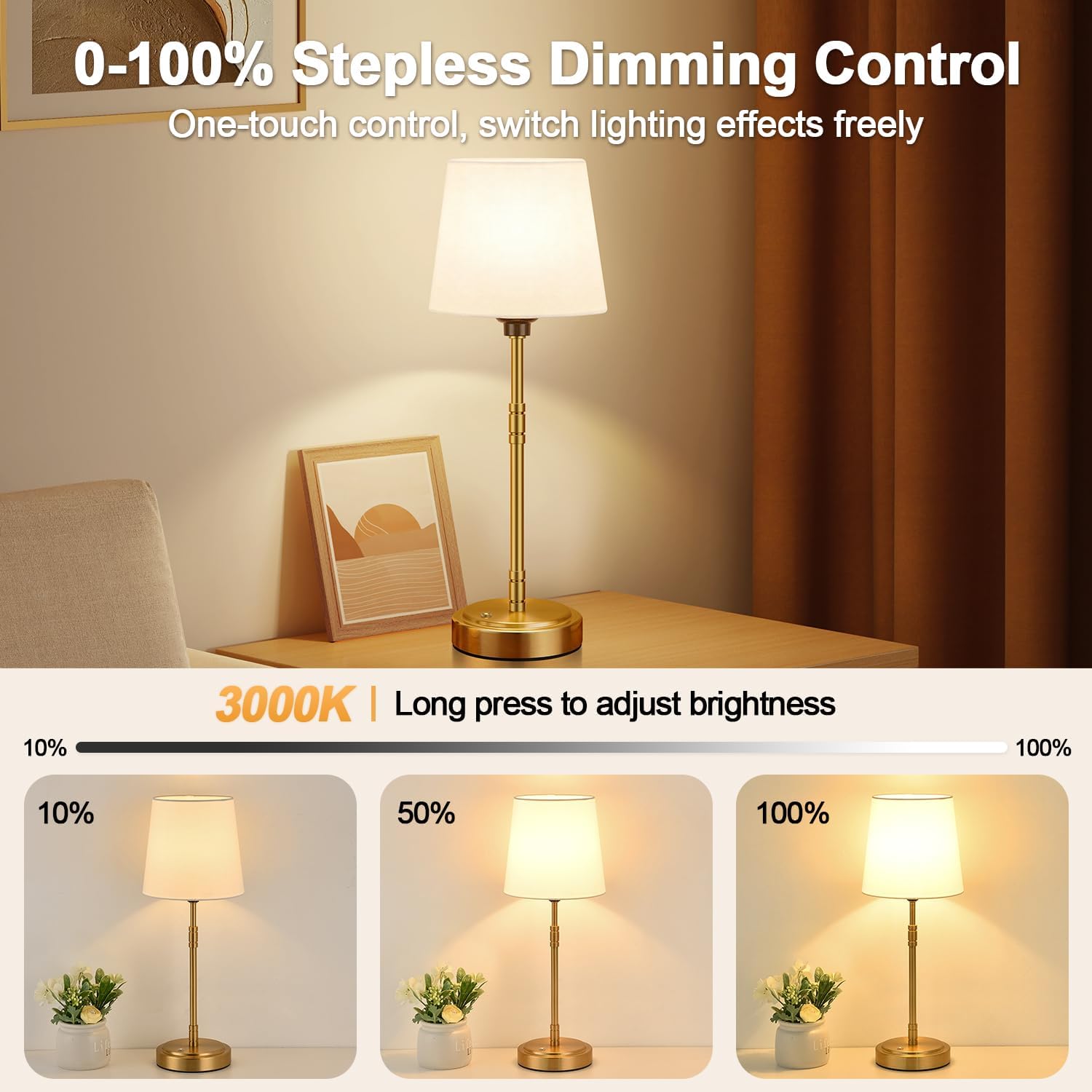 Cordless Table Lamps Set of 2 – Battery Operated Lamp with 7500mAh Rechargeable Battery, Stepless Dimmable Vintage Brushed Gold Desk Wireless Lamps for Dining Room, Nightstand & Patio (Bulbs Included)
