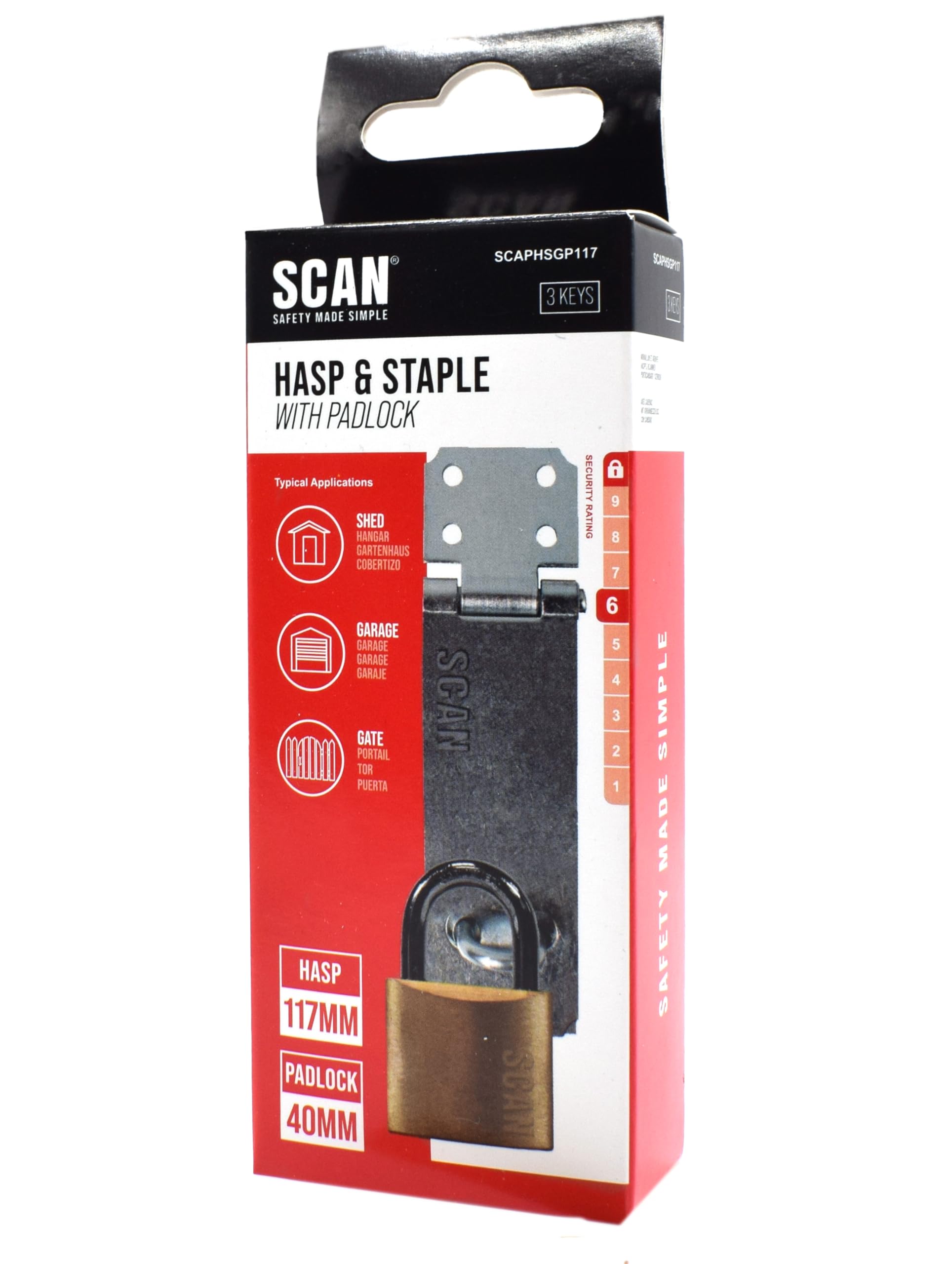 Scan Zinc Plated Steel Hasp and Staple 117mm with 40mm Brass Padlock 3 Keys, Grey - Image 2