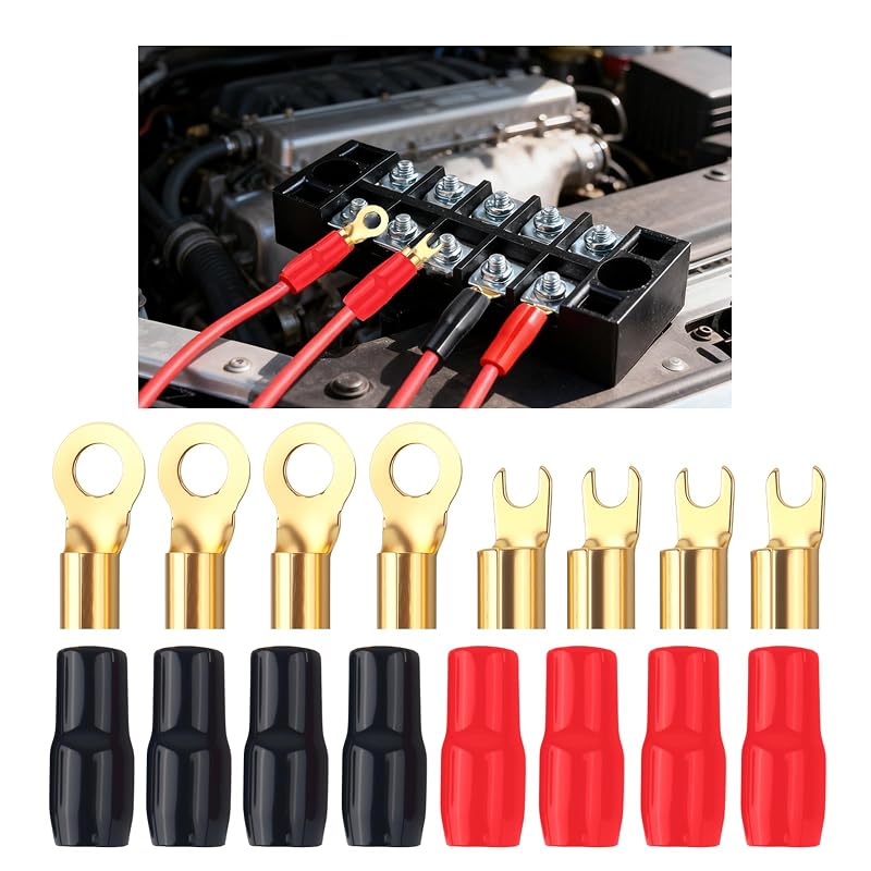 Kit de terminais para cabos de áudio automotivo bitola 0, tipo garfo e redondo VKQTS, com capas protetoras, 8 peças