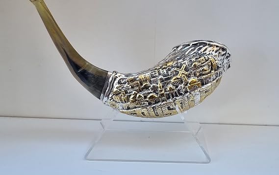 Authentic Ram's Ram Horn Shofar (12-14 Curved Length) with Silver Plated Jerusalem Old City Design, Includes Display Stand