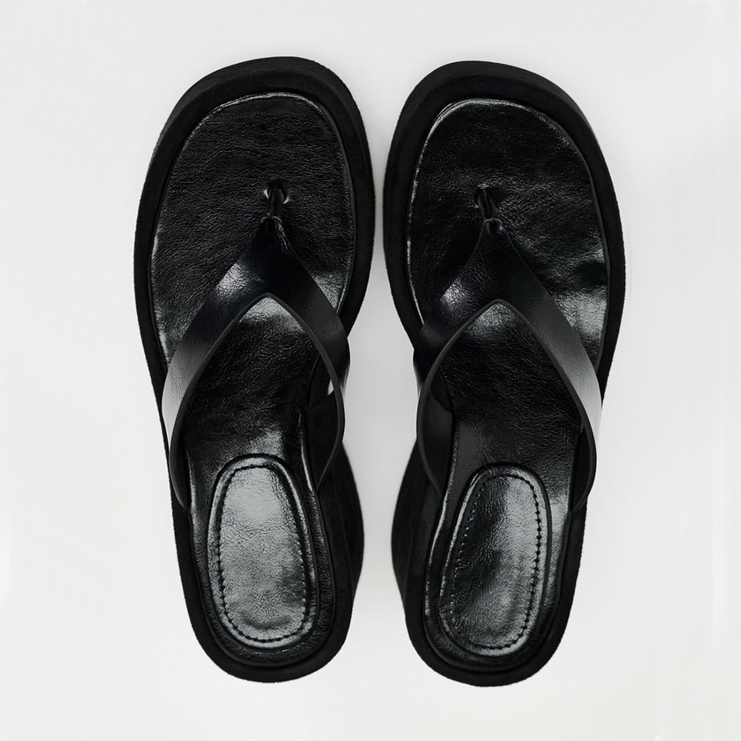 Women's Leather Wedge Flip-Flops Fashion Comfortable Open Round Toe Slip On Non-Slip Platform Thong Sandals Summer Casual Beach Walking Slides