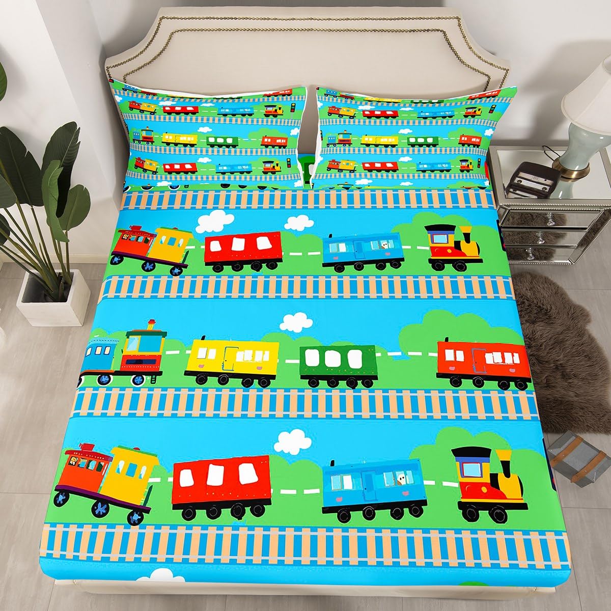 Cartoon Train Kids Fitted Sheets Twin Size,Colorful Train Car Bedding Sets 2Pcs for Boys Teens Men Room Decor,Modern Vehicle Bed Sheet Rail Transportation Deep Pocket Sheet,1 Pillowcase