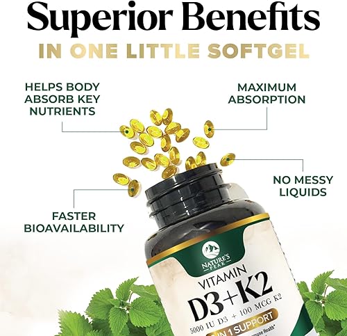 Miniatura 8 de Vitamina D3 K2 de 5000 UI - Suplemento de vitamina D3 de alta potencia - Complejo avanzado 2 en 1 con vitamina D y vitamina K2 (MK7) - Gel suave