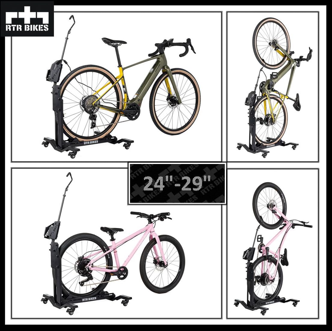 RTR BIKES Brutus Up Pro Mobilny Stojak Rowerowy na Kółkach – Stacja z Uchwytem na Ładowarkę E-Bike – Pionowy/Poziomy do 30kg – Opony 3,5" – Made in Poland