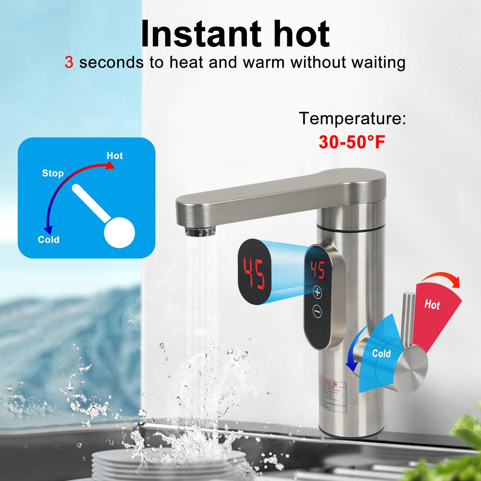Instant Hot Water Tap, 3300W Electric Hot Water Faucet, Stainless Steel Electric Water Heater Tap, 360° Rotatable - Image 3