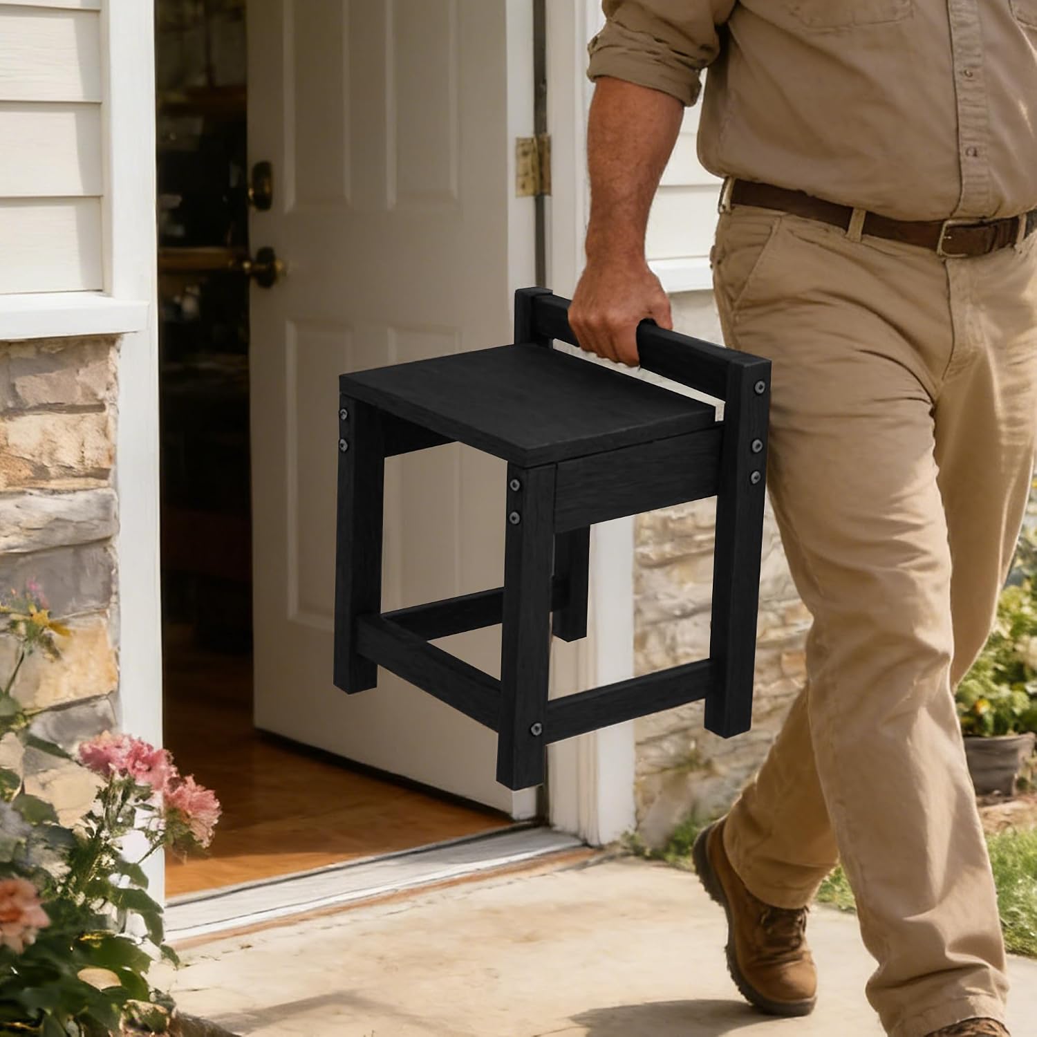 Stackable HDPE Foot Stool - All-Weather Indoor/Outdoor Seating for Patio, Living Room & Bathroom, Waterproof Windproof Heavy-Duty High-Density PE Step Stool, 2 Sets, Black