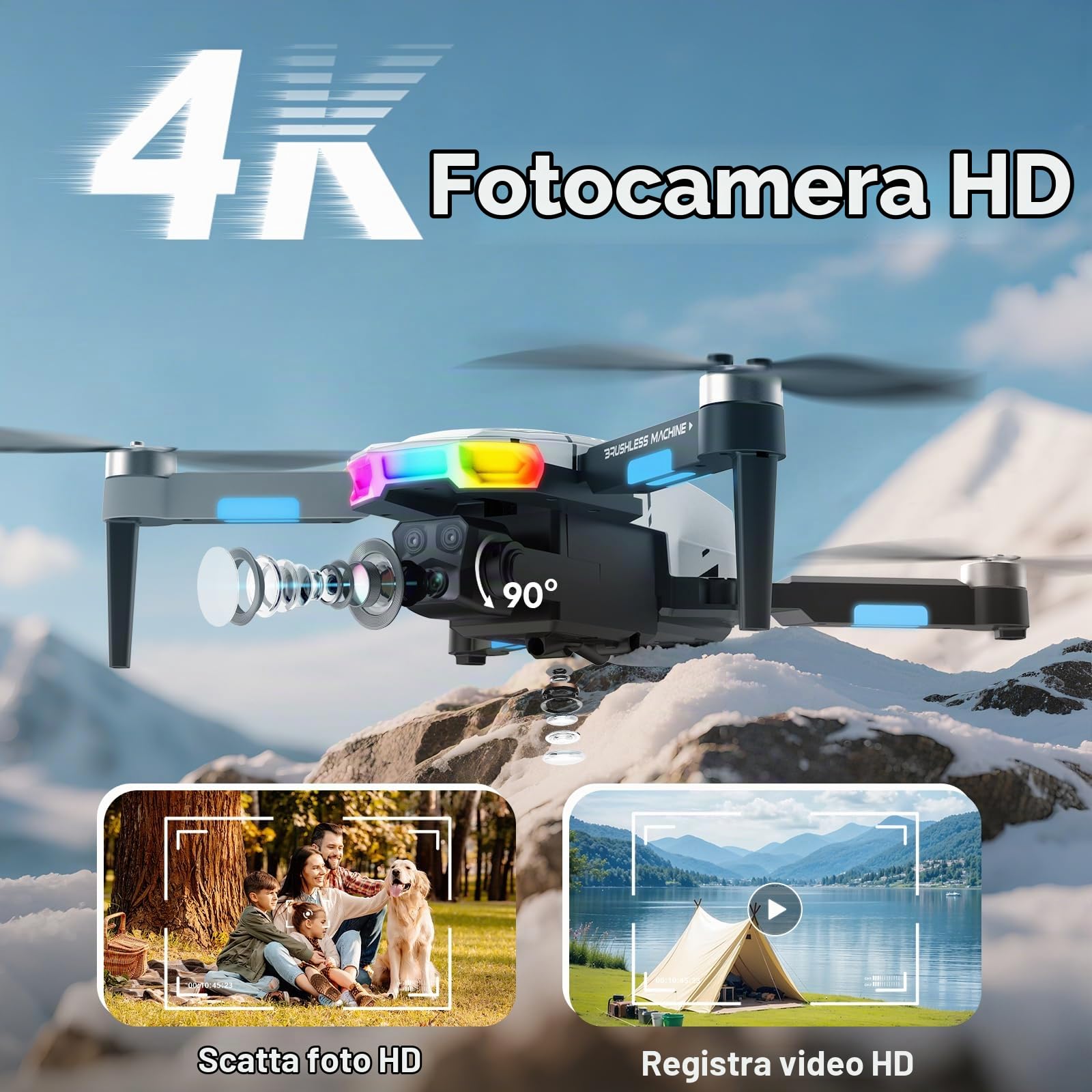 Drone con Telecamera 4K, 360°Flip, Wi-Fi, Motore Brushless, Modalità Senza Testa, Decollo/Atterraggio con un Solo Tasto, Volo in Traiettoria, Regali e Giocattoli per Principianti, 2 Batterie (Bianco)