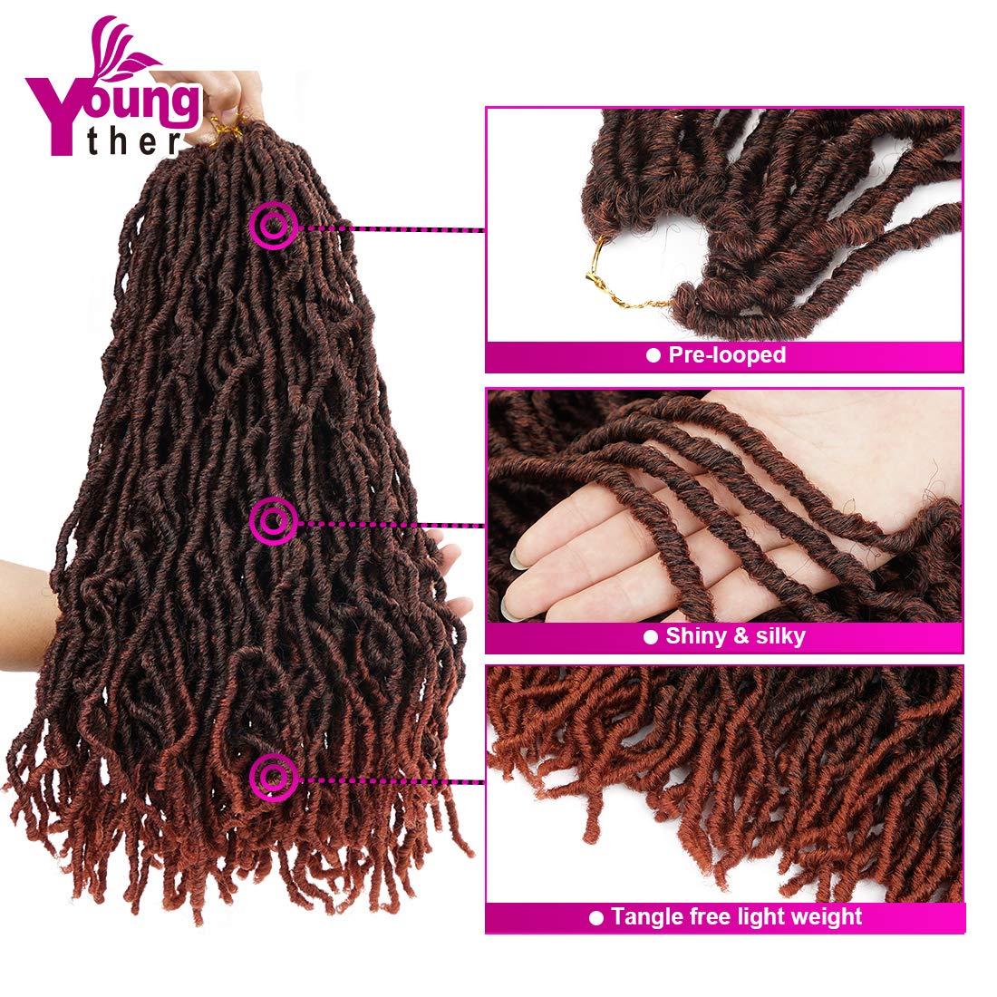 Youngther 18 inch New Faux Locs Crochet Hair Curly Wavy 6 Packs Crochet Faux Locs Hair Synthetic Crochet Hair for Black Women (18inch 6packs-T350)