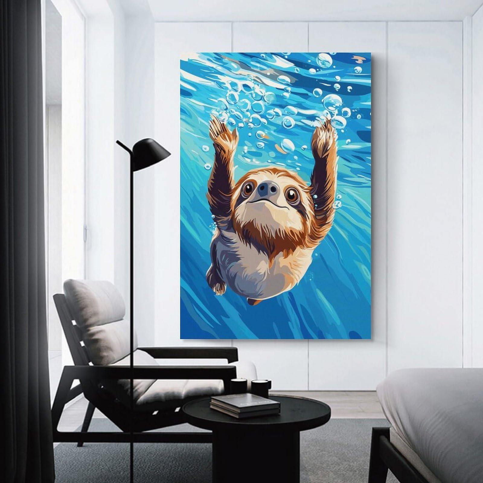 Junmoney Unframe-Style-11 Sloth Swimming Underwater Room Decor Wall Art 08X12inch(20X30cm), For Lounge Decor, Offices Or Entryway Styling, A Flexible Wall Accent For Shared Spaces
