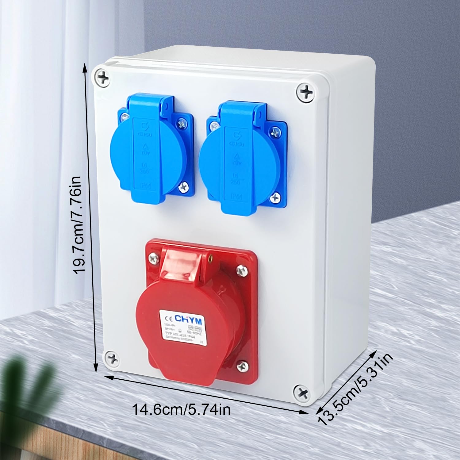Distribuidor de Corriente 16A 5P, 220V Enchufe Pared Cuadro Electrico, Caja Eléctrica con Toma Exterior Impermeable IP44, para Interior/Exterior, Talleres y Fábricas