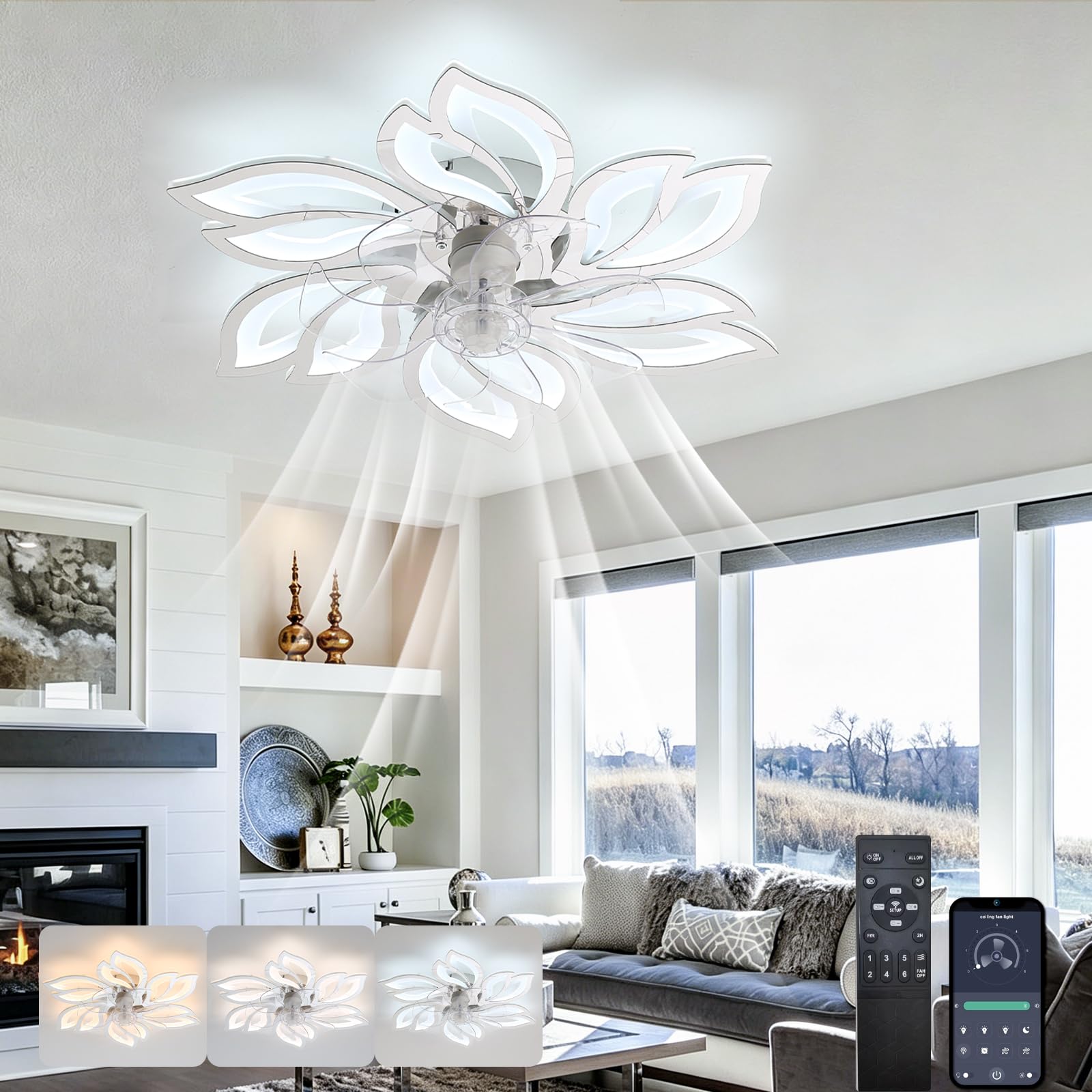 HXYSXHJUO Ceiling Fans with Lights and Remote APP 65CM Modern Leaf Flush Mount Lamps Dimmable LED Quiet Low Profile Smart Fan Light for Bedroom Living Room-Chrome