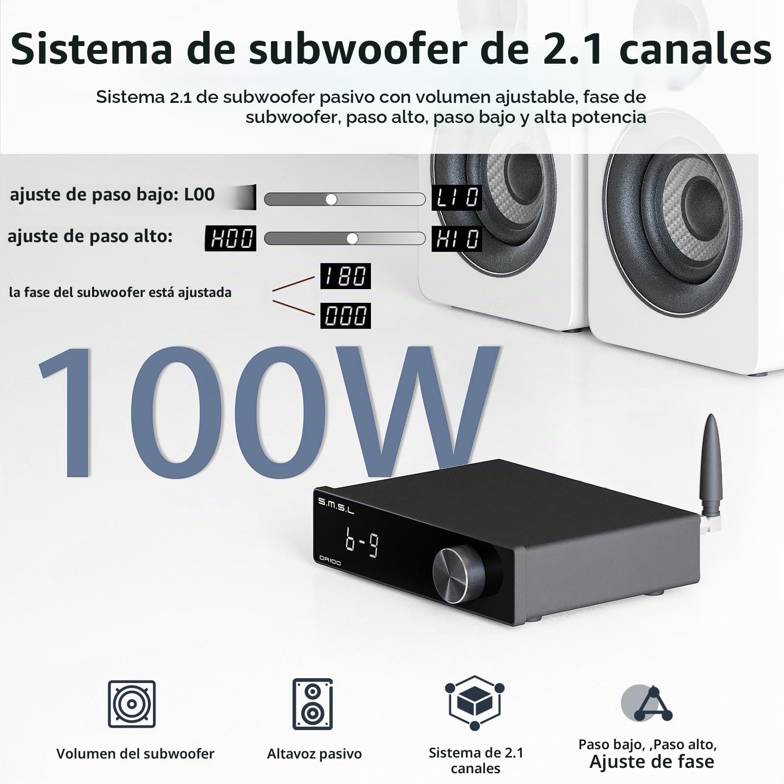 SMSL DA100 Amplificador de potencia 100W TI TAS5827 *2 Amp de Clase D Paso alto/bajo 2.1 Subwoofer Bluetooth 5.3 Control electrónico de volumen Ajuste del Amp BT/USB/HDMI (ARC)/Óptico/Entrada de línea