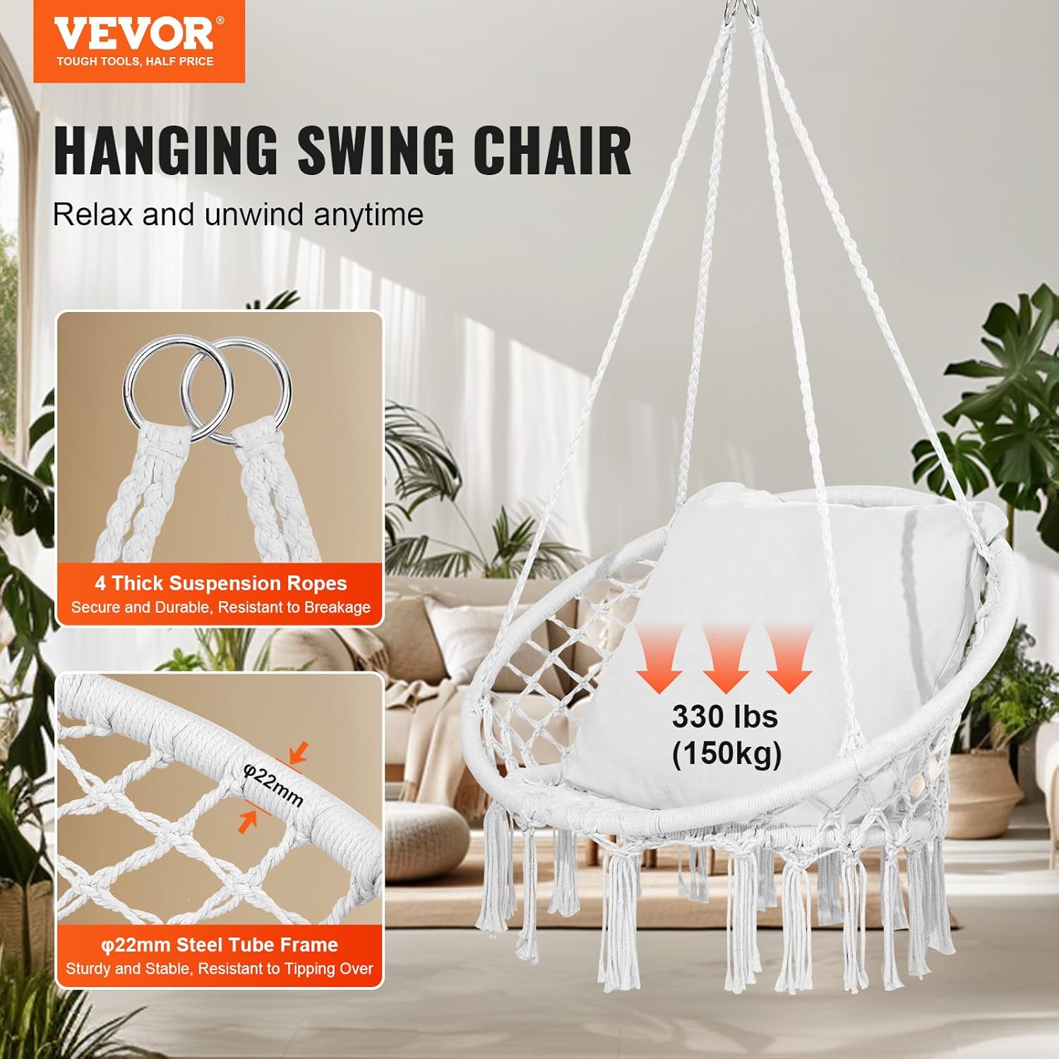VEVOR Hanging Hammock Swing Chair, 330 lbs Capacity, Macramé Hanging Chair with Cushion and Mounting Hardware, Cotton Rope Swing Chair for Bedroom, Balcony, Patio, Garden, White