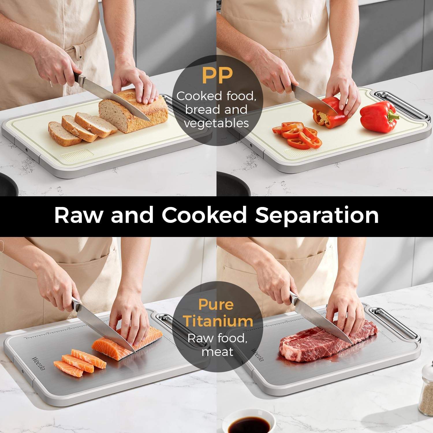Titanium Cutting Board for Kitchen, Double Sided Cutting Board, Food Grade 2 in 1 Pure Titanium and Wheat Straw PP Chopping Boards Raw and Cooked Separation, Non-Slip 5s Quick Clean Large Size 16”×11” - Image 3