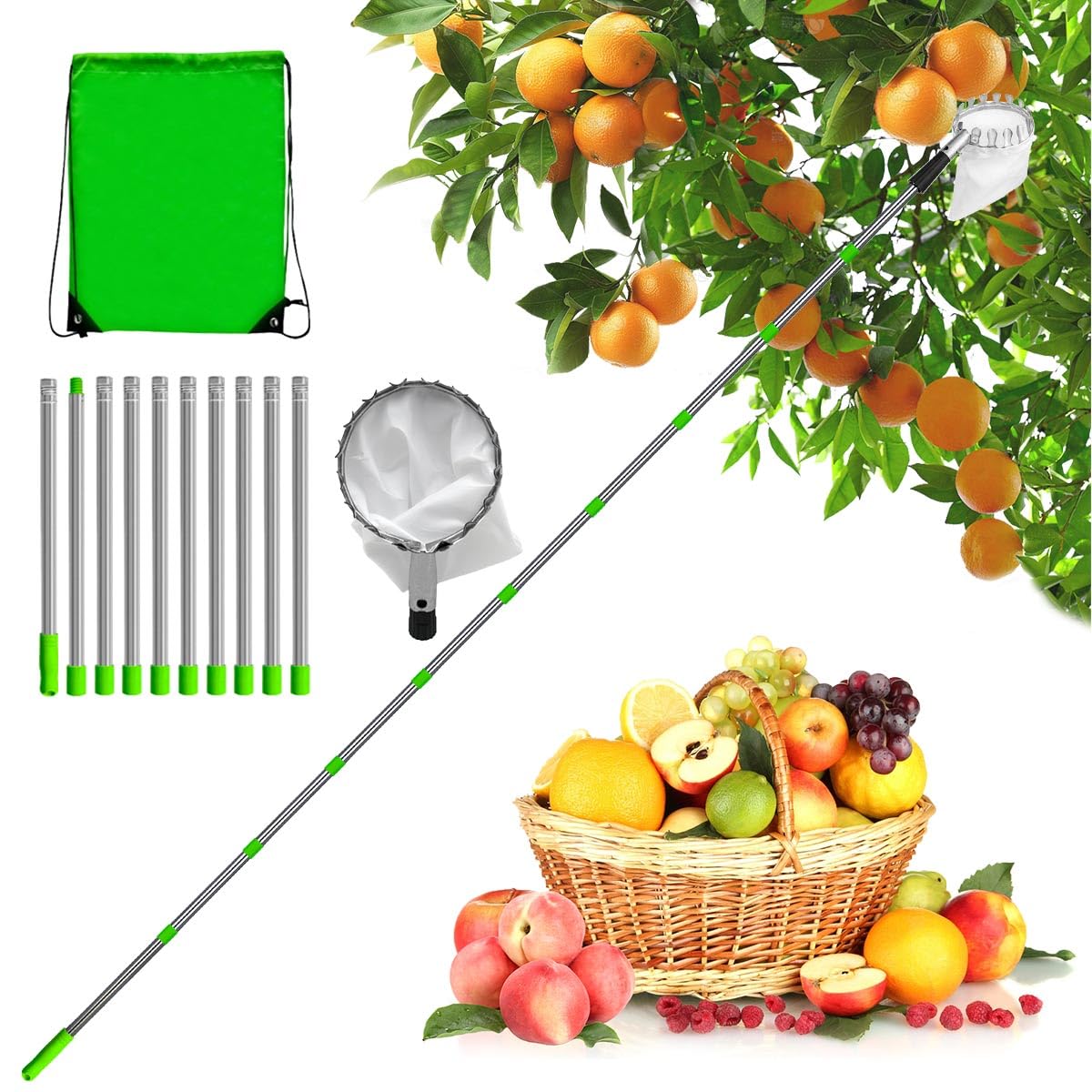 Cueille fruit télescopique 4m réglable avec sac de rangement pour récolte