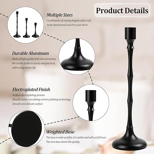 Miniatura 5 de Juego de 3 portavelas cónico con textura de bambú negro mate, portavelas modernos de granja para bodas, Navidad, decoración de centro de mesa de