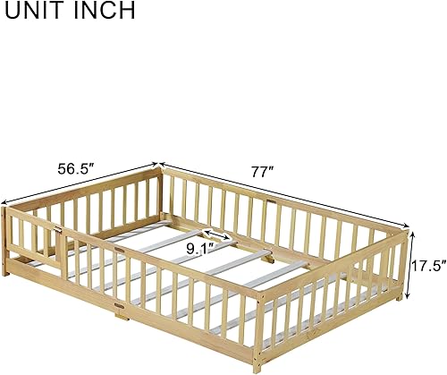 Miniatura 26 de Harper & Bright Designs Cama de suelo tamaño Queen con valla y puerta, marco de cama Montessori de madera para niños, niñas, listones incluidos, no