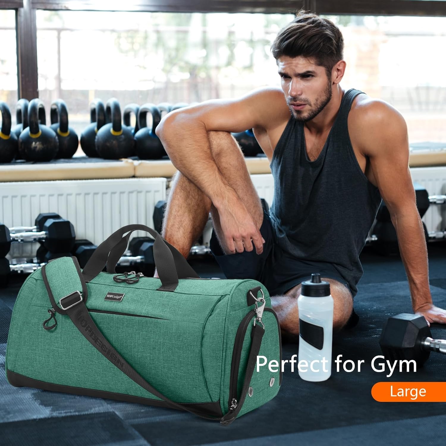 TOPDesign Gym Bag for Women & Men, Unisex Duffel Bag with Shoe Compartment & Wet Pocket for Travel Sports Gym (M Textured Green) - Image 2
