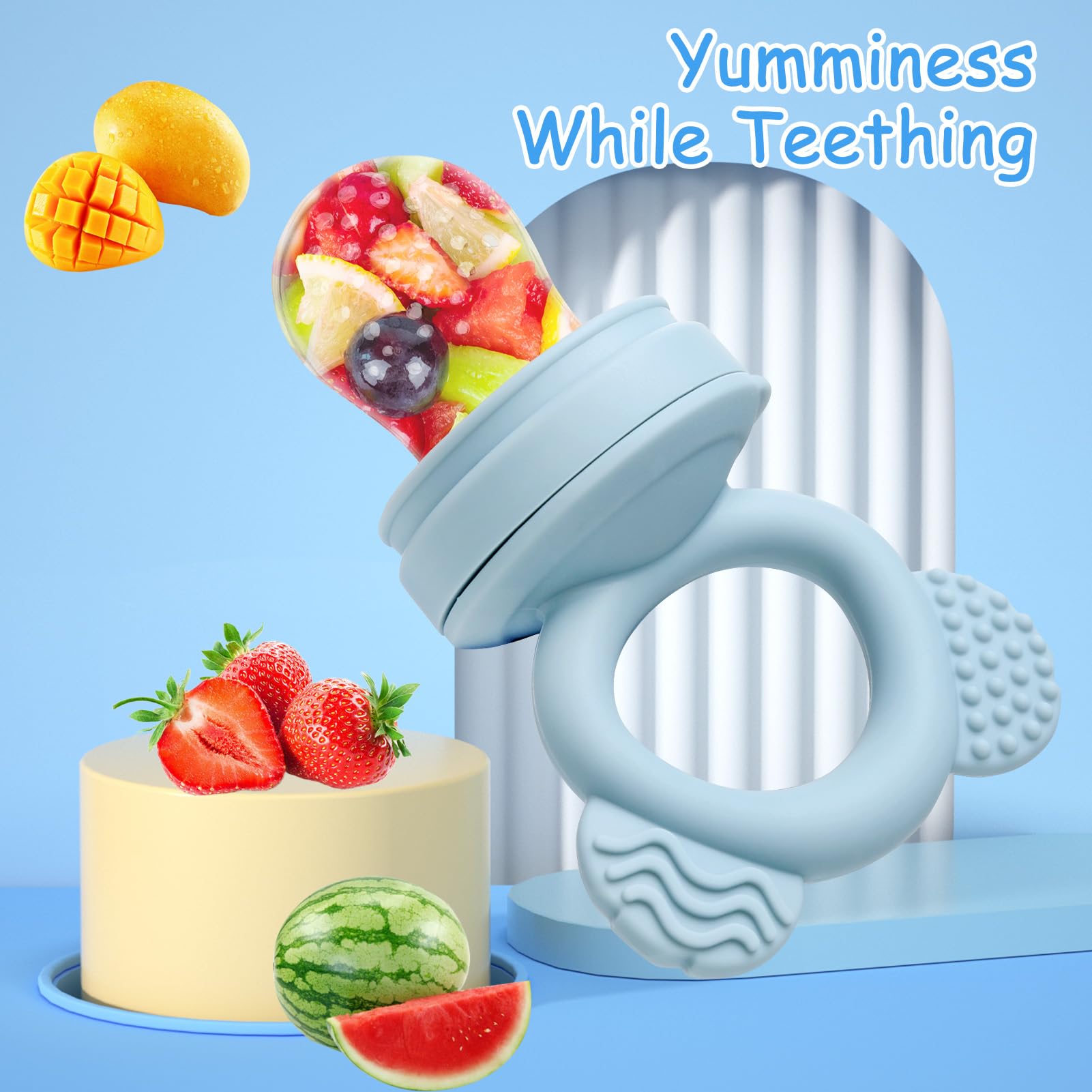 JoyPlus Chupete Fruta Bebe con 3 Tetinas de Silicona sin BPA, Chupete para Fruta Bebe y Bandejas para Congelar Comida de Bebé con Tapas para Leche Materna, Mordedor Fruta Bebe de 3 6 12 24 Meses