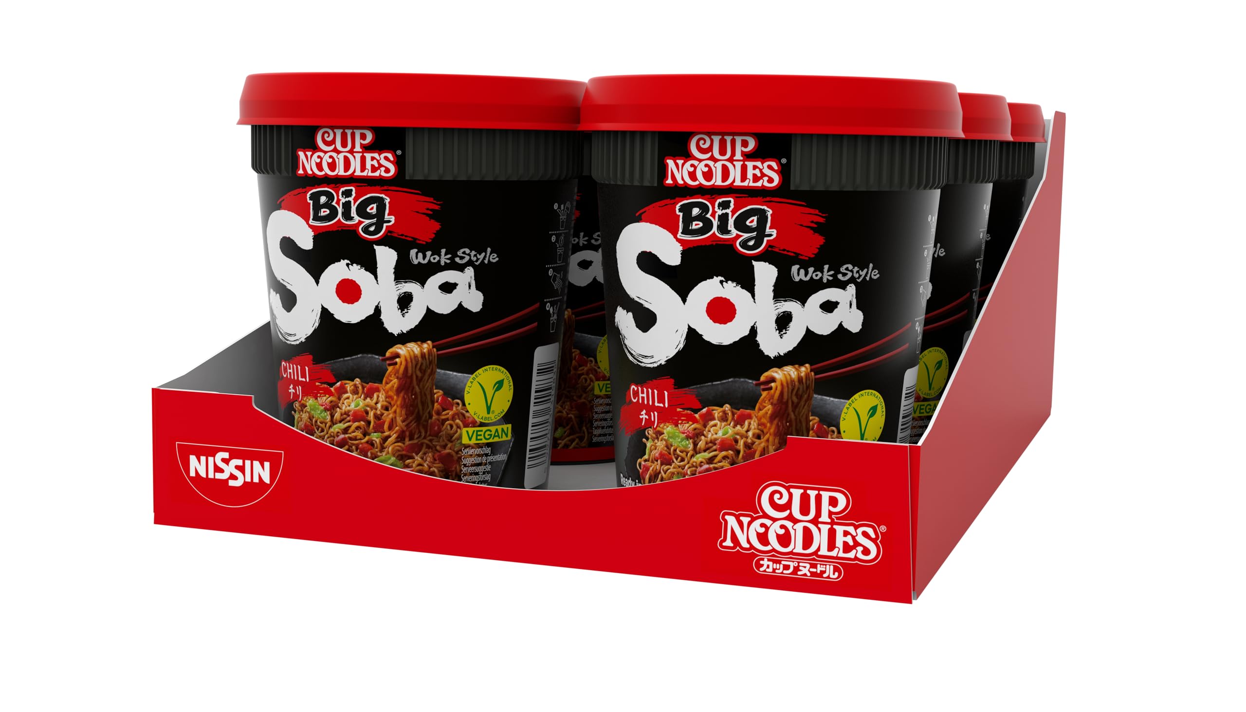Nissin Cup Noodles Soba Big - Paquete de 6 fideos instantáneos estilo wok estilo japonés, con salsa de chile, vainas y verduras, preparación rápida en taza, comida asiática, porción grande (6 x 115 g)