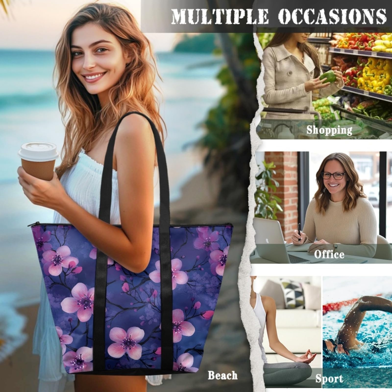 Tote Bag Tela Bolsa Tela Poliéster Bolsa Compra Plegable Bolso de Mano de Mujer Reutilizable Totebag Playa Cremallera Duradero Bolso Viaje