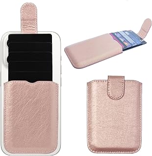 Phone Card Holder RFID Sleeve - PU Leather Stick-On Wallet with Pull Tab, Holds 5 Cards, Universal Pocket for Credit and Cash, Compatible with iPhone/Android/All Smartphones (Pink)