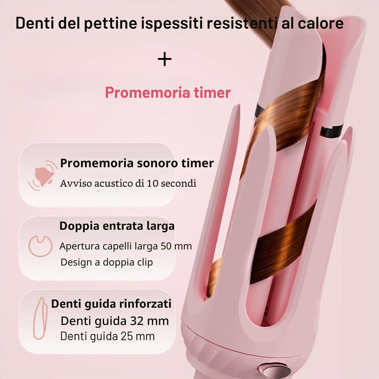 Ferro arricciacapelli automatico 3 in 1 rosa, rivestimento in ceramica ghiacciata, riscaldamento rapido 30 s, 5 temperature (160 ° C-200 °C), spegnimento auto 40 min, allarme acustico, rosa