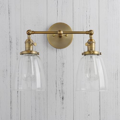Miniatura 5 de Permo Aplique doble vintage industrial antiguo 2 luces apliques de pared con cono ovalado pantalla de vidrio transparente (antiguo)