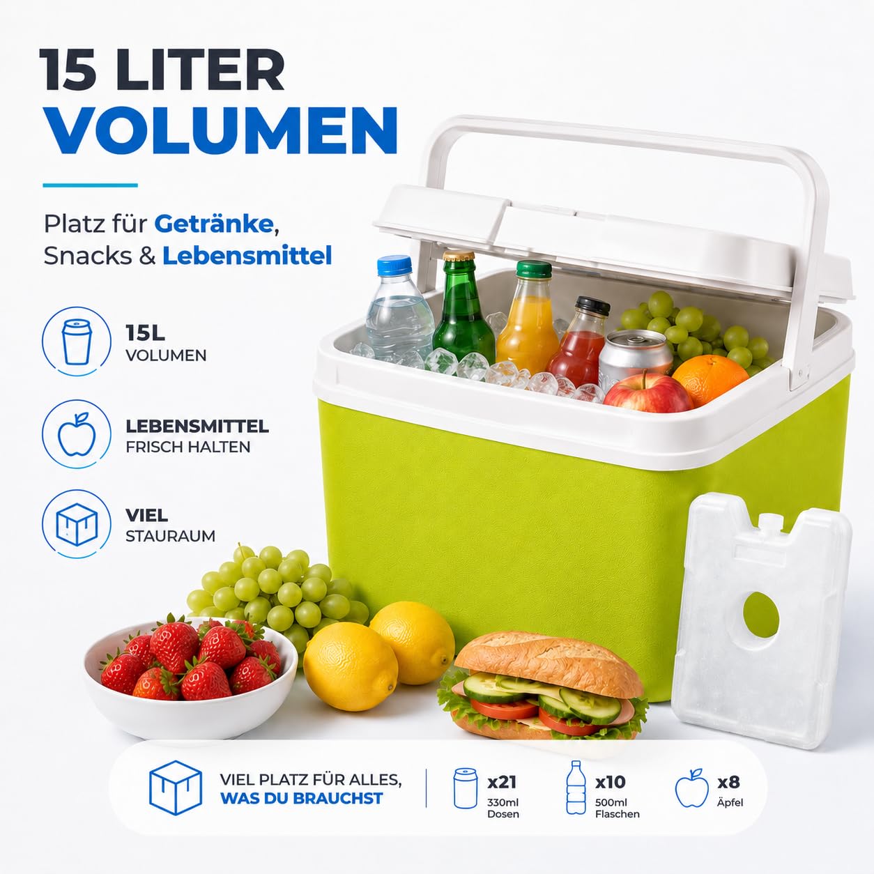 Glacière de 15 litres avec élément de refroidissement et bloc réfrigérant – Boîte isotherme pour un refroidissement extra long, idéal comme sac isotherme