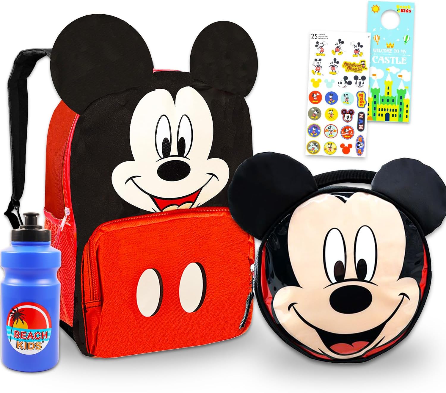 Mickey Mouse Mini Backpack with Lunch Box Set - Bundle 12" Mini Backpack, Lunch Bag, Stickers, Water Bottle, More | Toddler Mickey Mouse School Bag and Lunchbox
