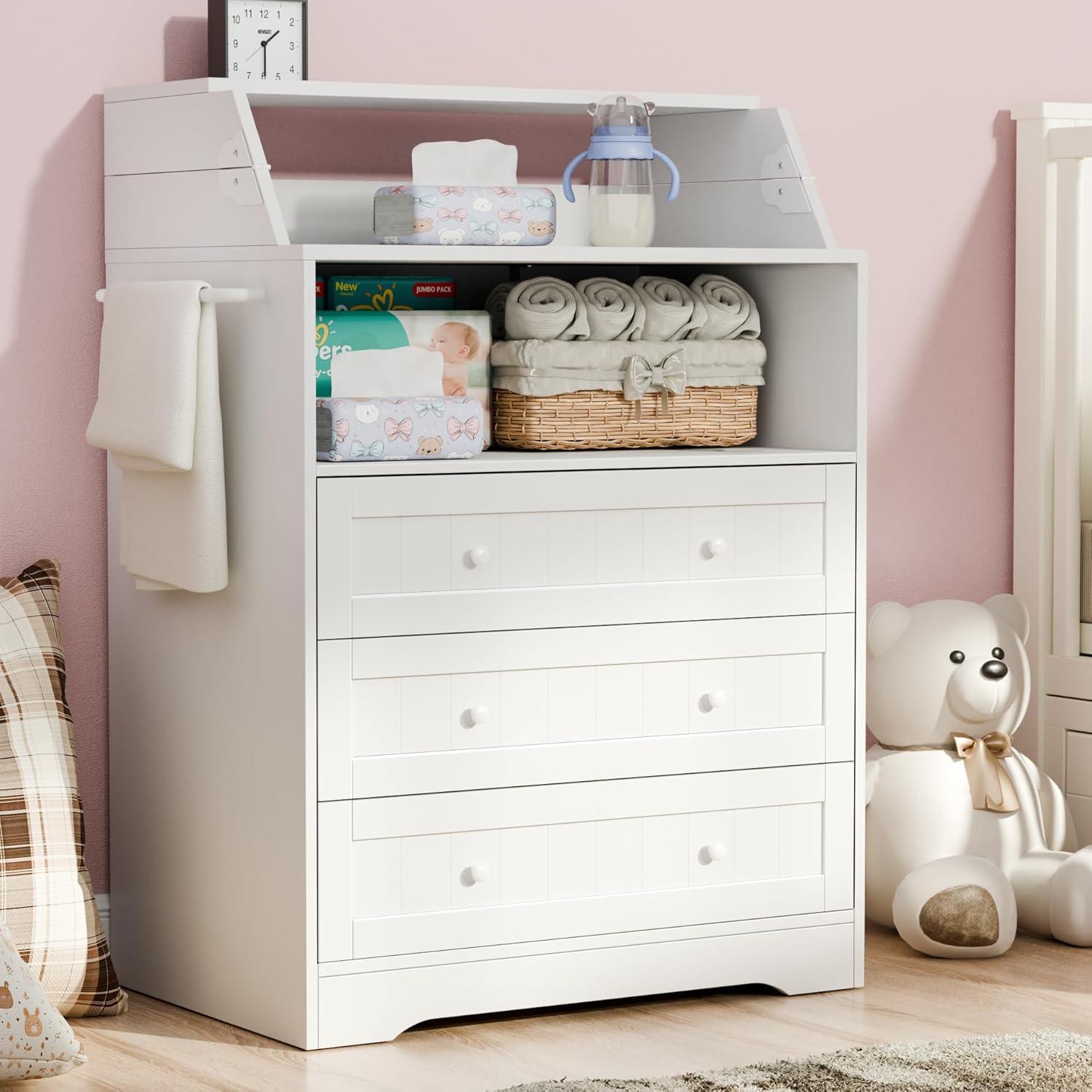 Baby Changing Table with Foldable Tabletop, White Baby Dresser with 3 Drawers & Open Storage Space, Modern Diaper Changing Station with Storage, Perfect for Bedroom & Nursery (Pad Not Included)