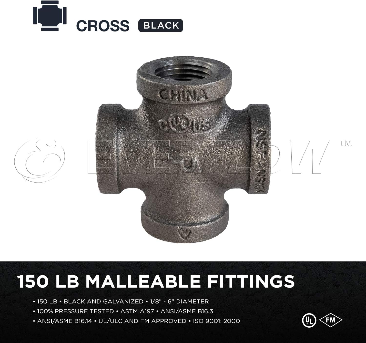 SUPPLY GIANT CNDS0018 Black Malleable Cross Fitting, 1/8", 1/8 Inch