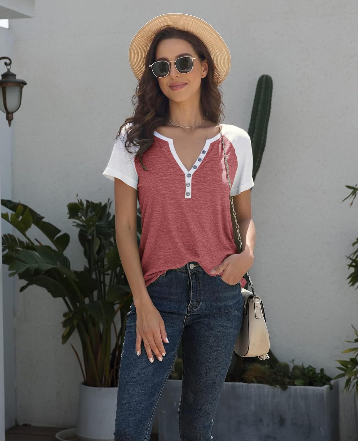 Womens Shirts Summer Henley V Neck Color Block Tshirts Raglan Short Sleeve Casaul Trendy Tops - Image 4