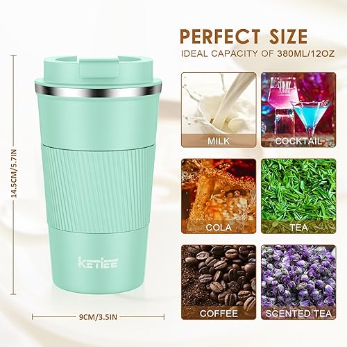 Miniatura 6 de KETIEE - Taza de café de viaje de 12 onzas con aislamiento al vacío con tapa a prueba de fugas para bebidas calientes y frías taza térmica de acero
