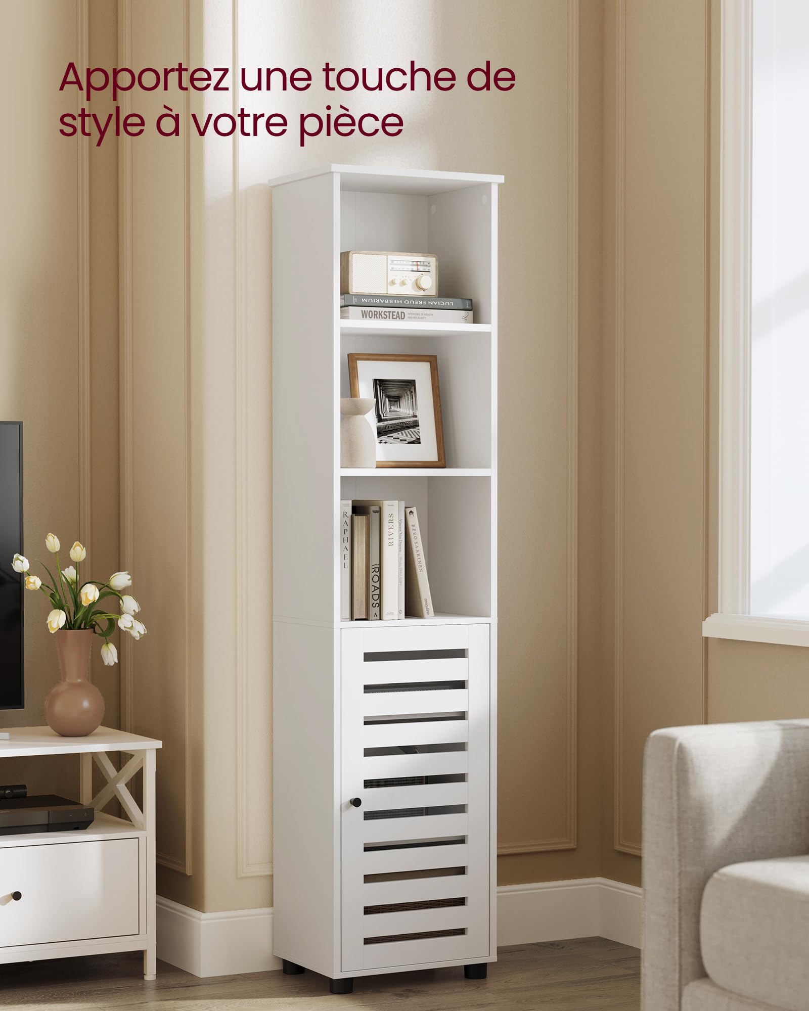 VASAGLE Meuble de Salle de Bain, Étagère de Rangement, Placard Haut, avec 3 Compartiments Ouverts et 2 Étagères Réglables, Salon, Entrée, Blanc Nuage BBK160W01