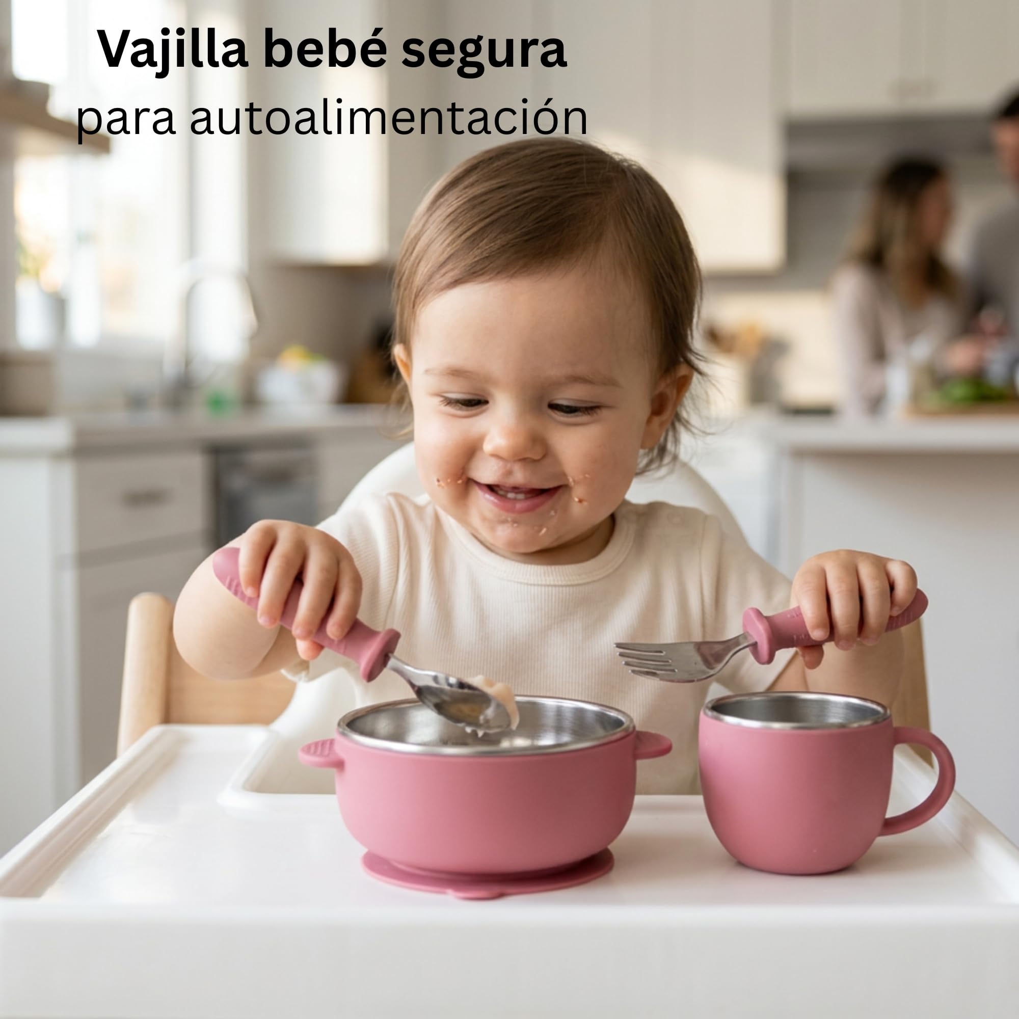 Set Bebé 4 Piezas 2en1 Acero Inoxidable + Silicona | Cuenco y Vaso Desmontables con Ventosa + Cubiertos BLW | Sin BPA Apto Lavavajillas | Alimentación Complementaria 6 Meses (Rosa)