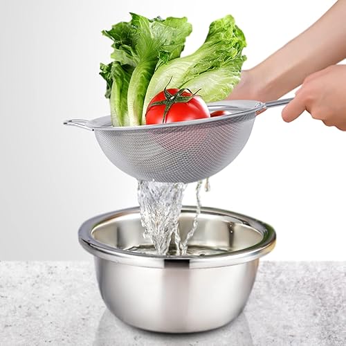 Miniatura 5 de Paquete de 3 coladores de malla extrafina de acero inoxidable 188, tamices grandes, medianos y pequeños, ideales para pasta, arroz, té, espaguetis,