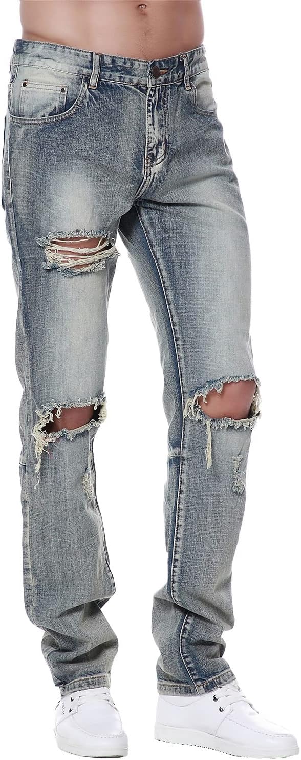 Previn Men's Ripped Denim Jeans Distressed Slim Trousers Destroy Holes Stretch Biker Pants