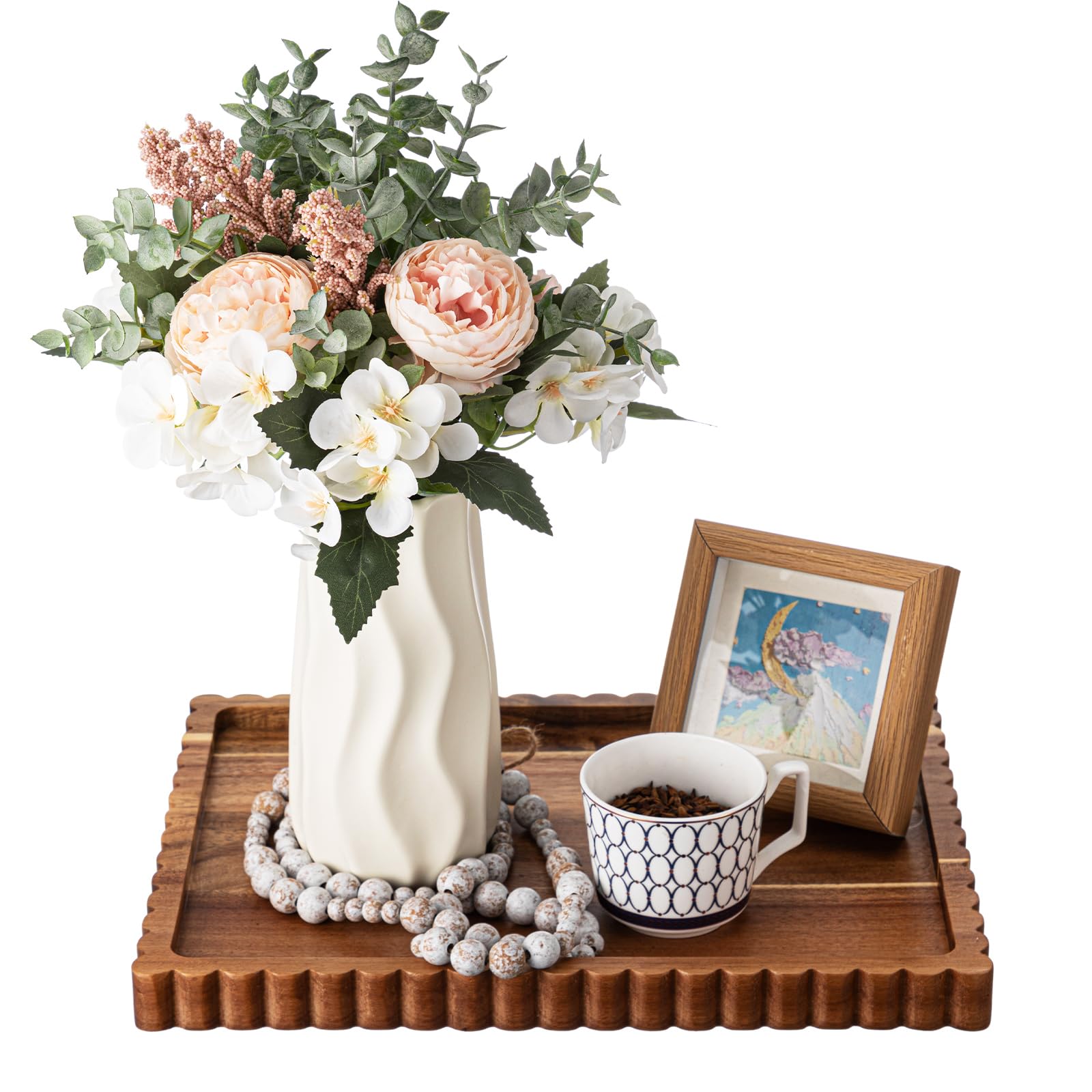 Lounsweer Acacia Wood Decorative Tray for Home Decor, 14'' x 10'' Wooden Serving Tray for Coffee Table Centerpiece Dining Kitchen Island Decoration Bathroom Counter Display