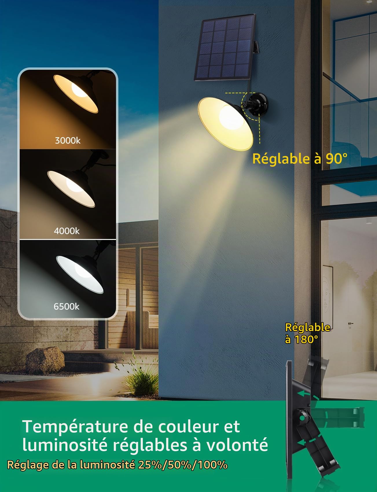 Aigostar Lampe Solaire Extérieur avec Télécommande 50W 500LM Lumière Solaire Extérieur IP65 réglable 3000K/4000K/6500K, Câble de 3 Meters.2 pcs