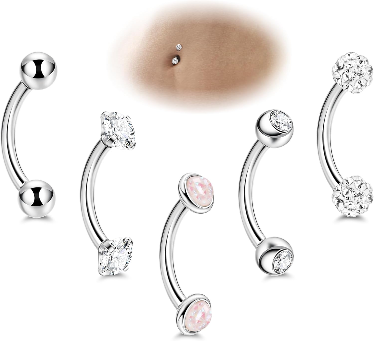 5PCS 14G 316L Stainless Steel Small Belly Button Rings for Women Tiny Simple Internally Threaded Navel Rings Hypoallergenic Petite CZ Opal Eyebrow Lip Daith Rook Piercing Jewelry 6-16MM