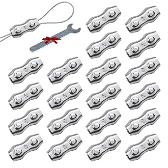 20Pcs M3 Stainless Steel Duplex Wire Rope Clips, Duplex Double Bolt Cable Clamp for 1/16in-1/8in Diameter Wire Cable for Picture Hanging Christams String Light, Free Wrench