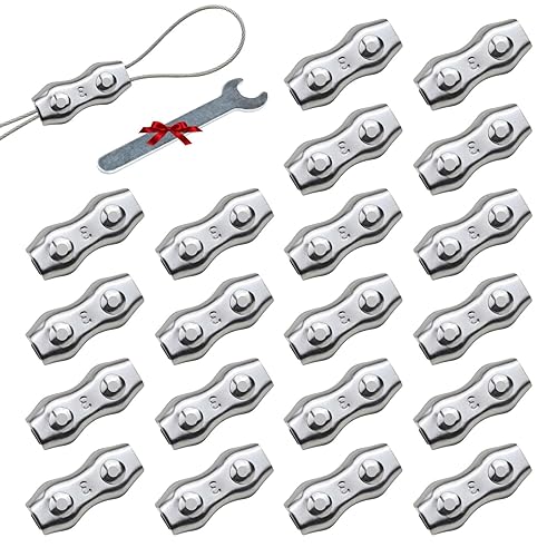 20Pcs M3 Stainless Steel Duplex Wire Rope Clips, Duplex Double Bolt Cable Clamp for 1/16in-1/8in Diameter Wire Cable for Picture Hanging Christams String Light, Free Wrench