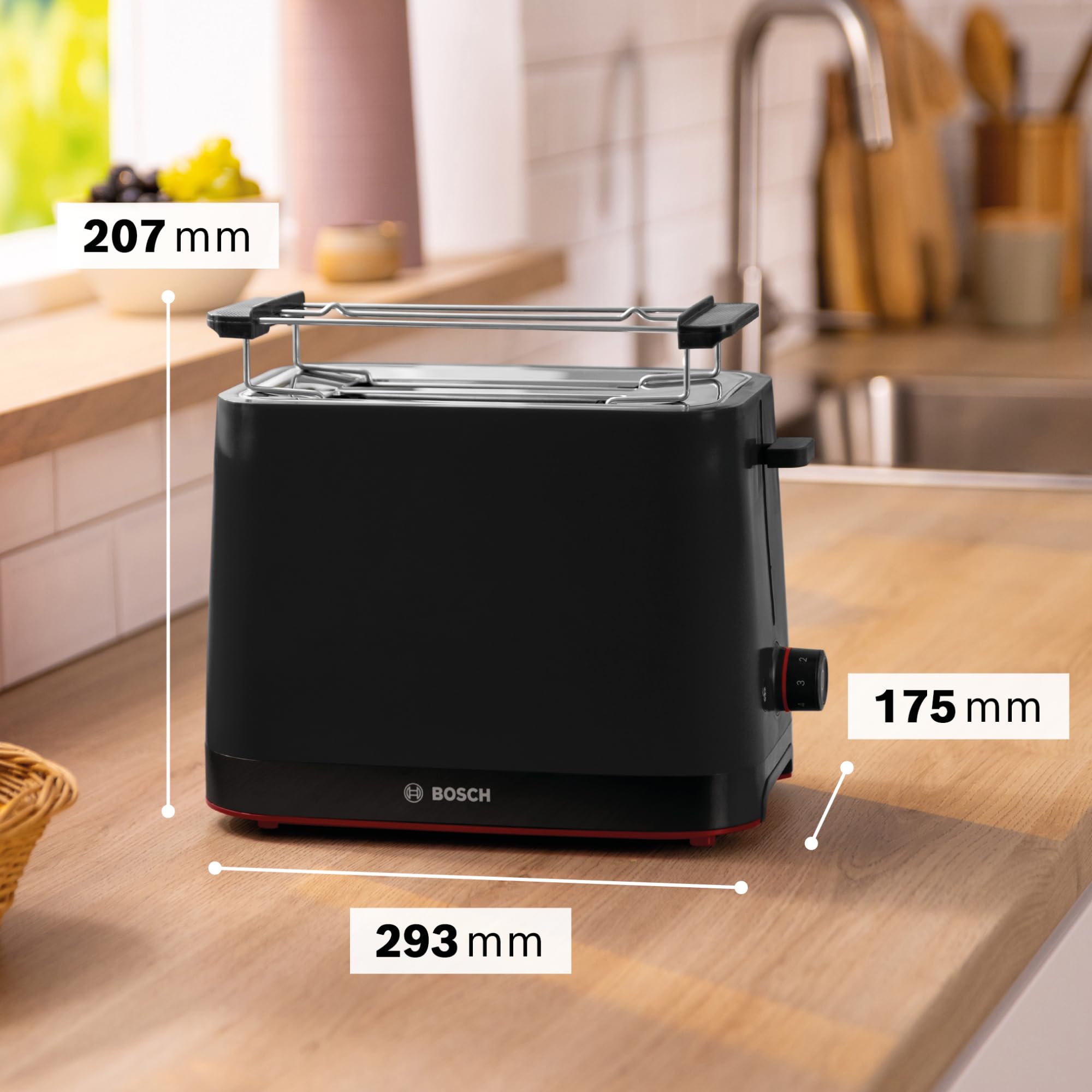 Bosch Kompakt Toaster MyMoment TAT3M123, entnehmbarer klappbarer Brötchenaufsatz, mit Auftaufunktion, Abschaltautomatik, Liftfunktion, Brotzentrierung, ideal für 2 Scheiben, 800 Watt, Schwarz matt
